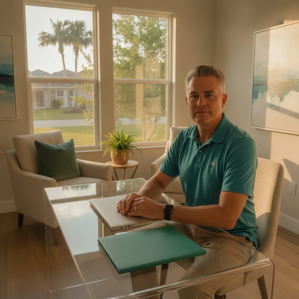 Man in his fifties at a Wesley Chapel home office desk in late afternoon light