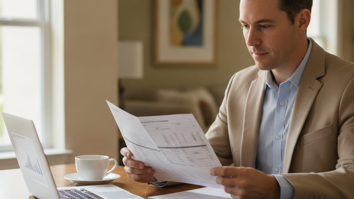 A person reviewing a retirement account statement at a desk with a cup of coffee nearby