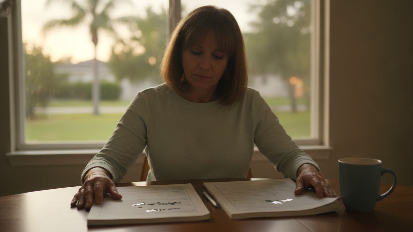 A woman at a kitchen table in a Florida home comparing two printed benefit enrollment packets side by side.
