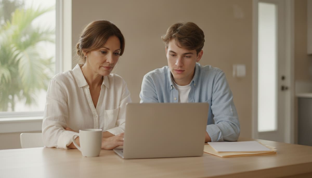 Florida parents reviewing college savings and Roth IRA paperwork at their kitchen table