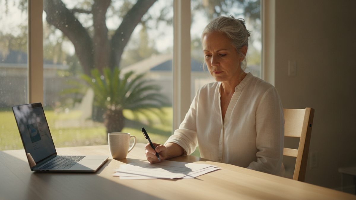 A woman reviewing printed account paperwork with a pen at a dining table in a Florida home.