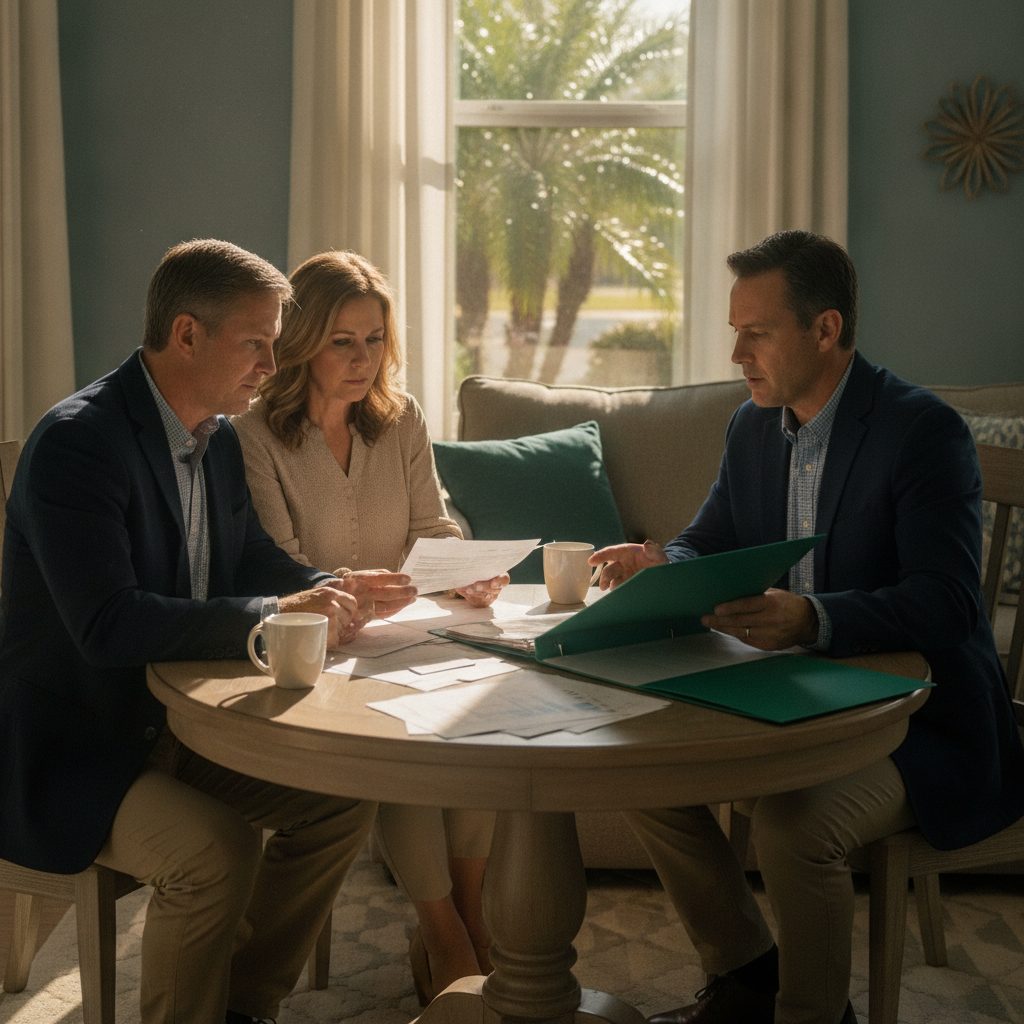 Wesley Chapel homeowner at a kitchen table reviewing a cash balance pension statement