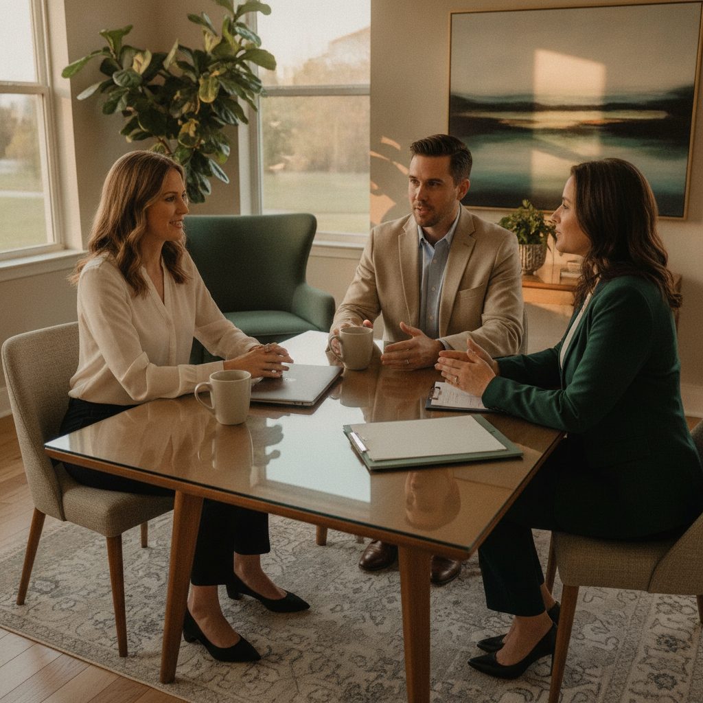Couple talking with an advisor at a wood table in a Wesley Chapel home office
