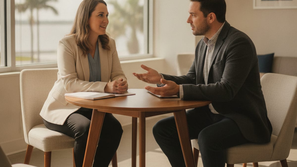 A couple reviewing financial documents together at a kitchen table with a laptop open