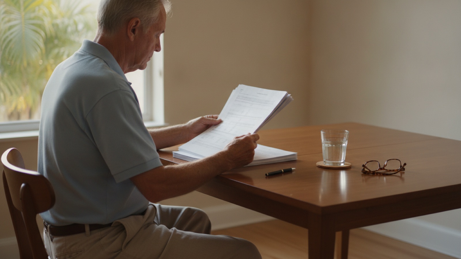 An older man reading a thick printed contract at a dining table in a bright Florida home, with reading glasses and a pen on the table