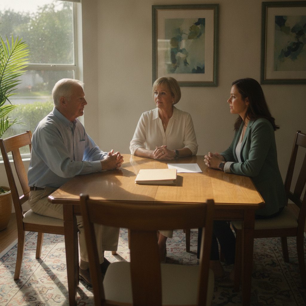 Older couple and adult child at a Pasco County dining table with a closed folder