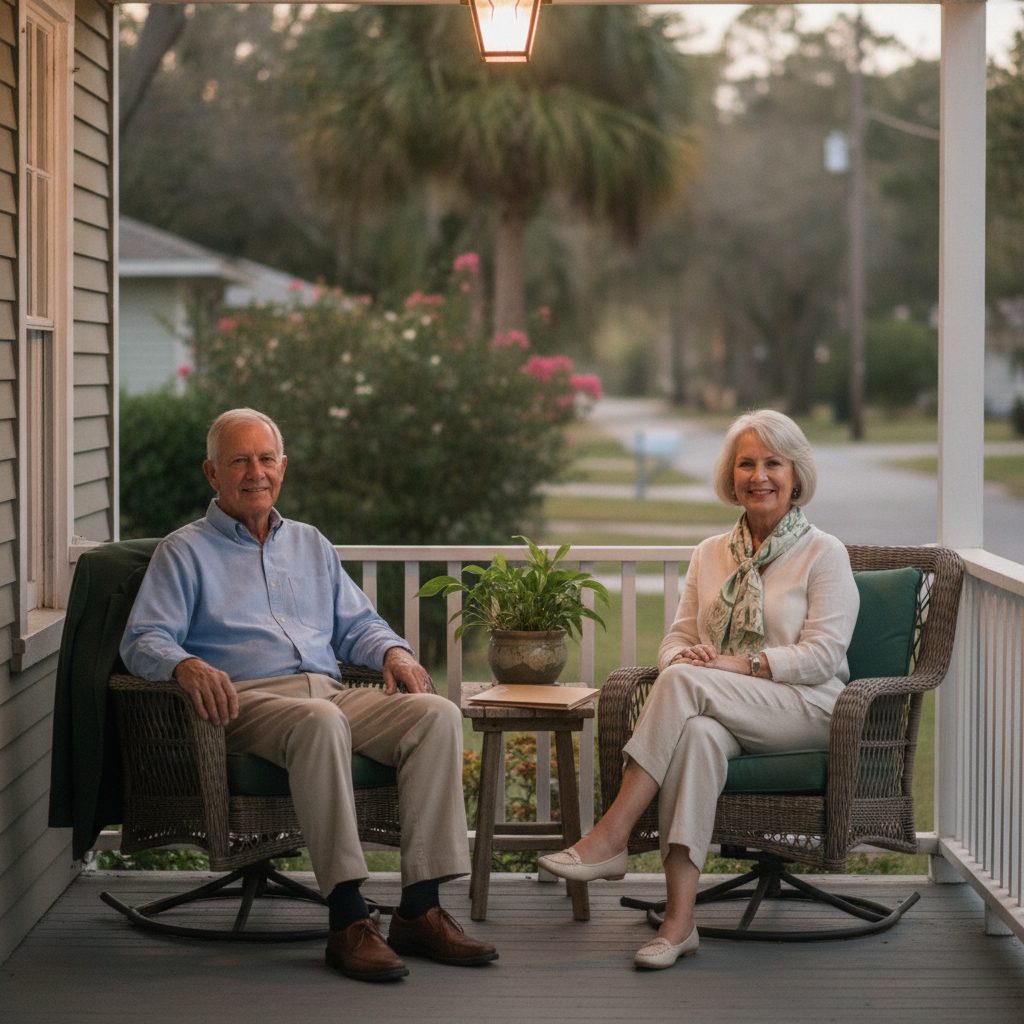 Older couple on a quiet San Antonio, Florida porch with a closed folder on a side table