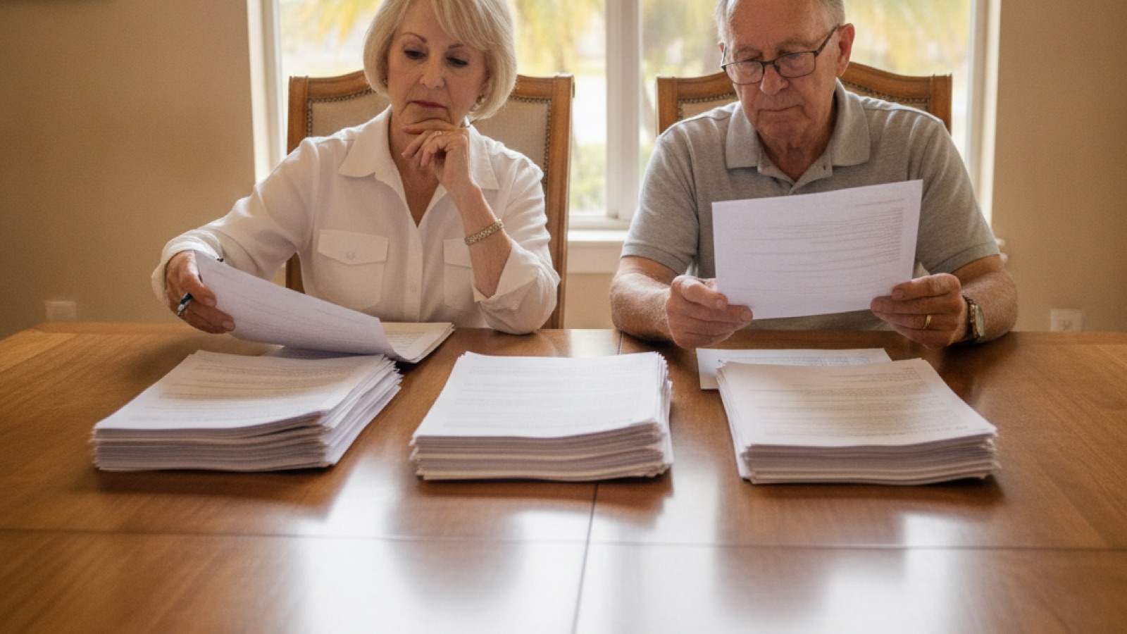 A retired couple in their late sixties sitting at a dining table in a bright Florida home, sorting a stack of government benefit forms into separate piles, with morning light and palm foliage visible through the window behind them