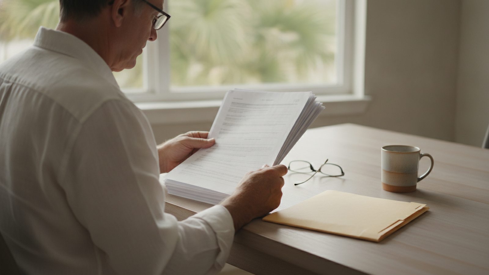 A man in his late fifties reading a thick stack of printed federal retirement paperwork at a desk by a window, with reading glasses and a manila folder beside him