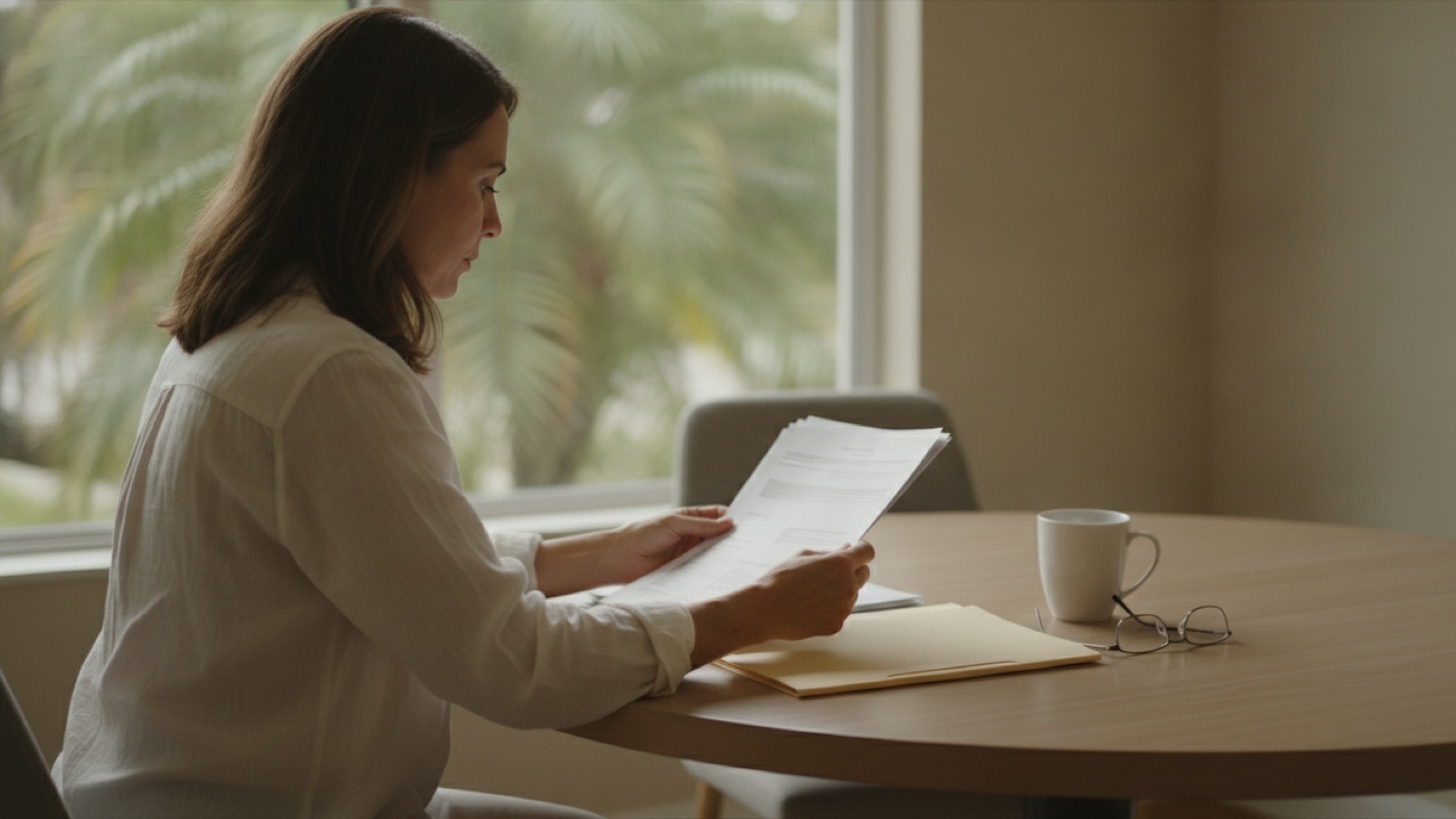 A woman in her late thirties seated at a dining table in a bright Florida home, reading a stack of printed account paperwork with a closed folder and a mug beside her