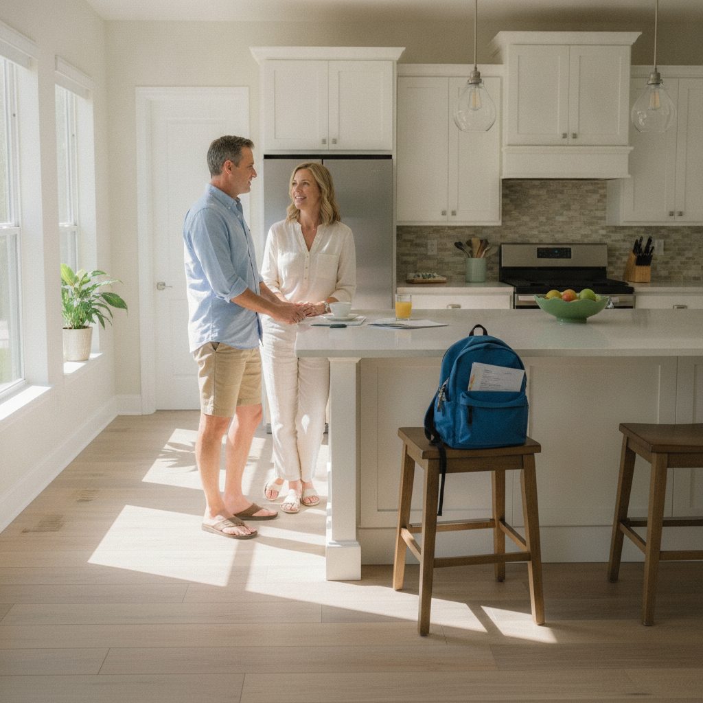 Parents at a Seven Oaks dining table in Wesley Chapel with a child's backpack on a stool