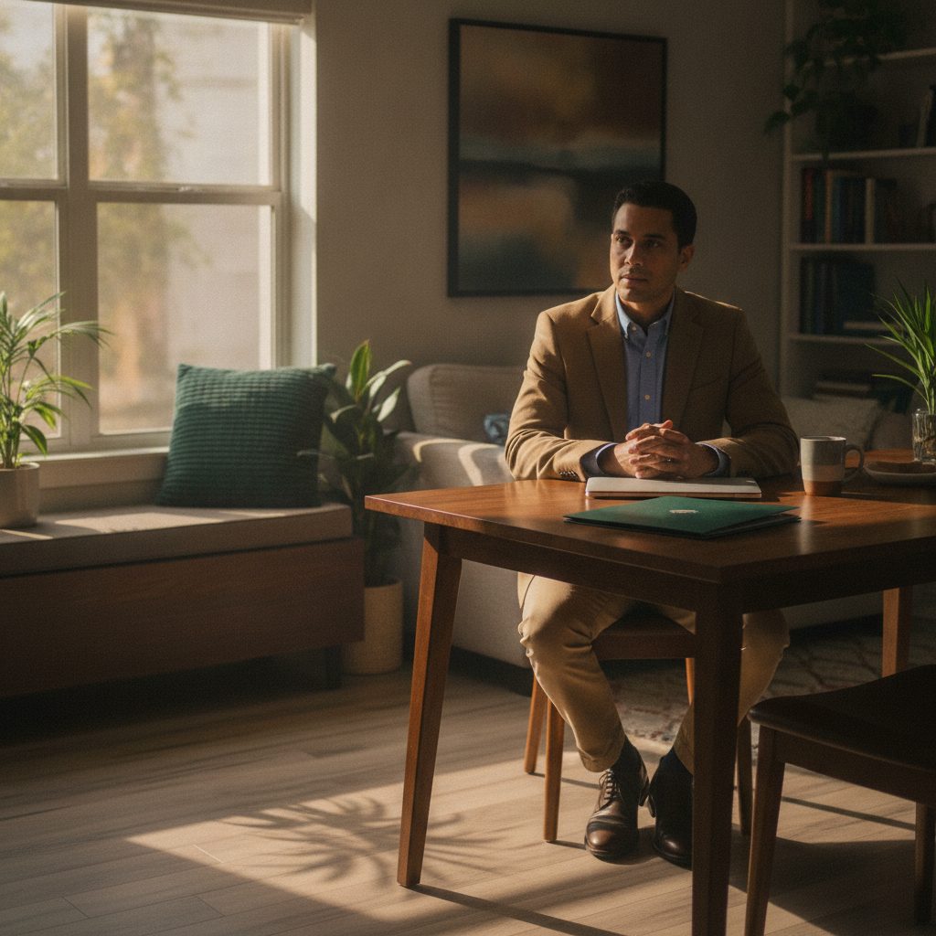 Public employee at a dining table in a quiet Temple Terrace living room near the USF border