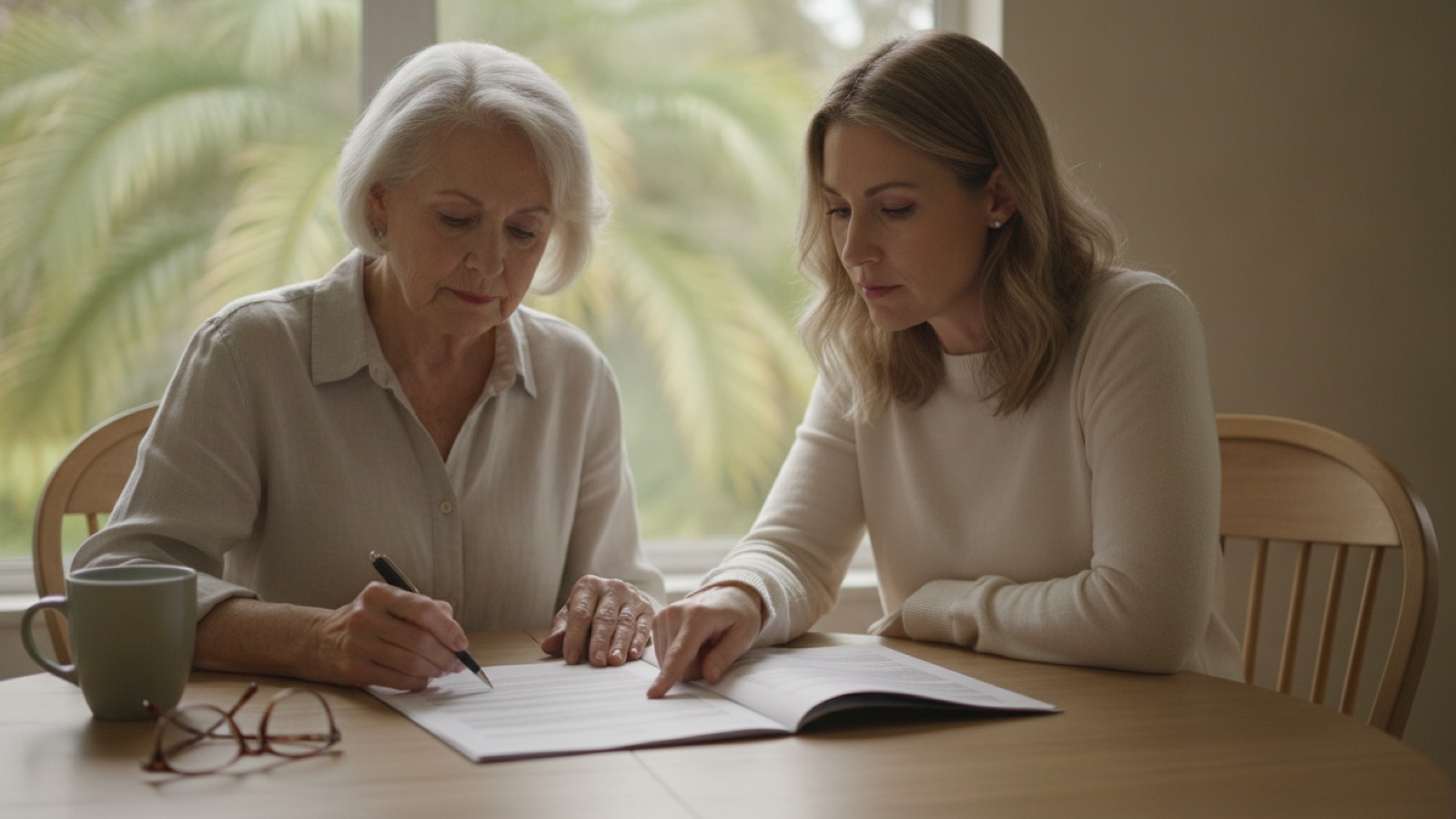 An older woman holding a pen over a multi-page document at a dining table while her adult daughter points at one line on the page