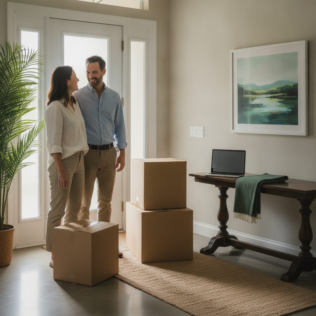 A couple in casual clothes stands beside closed moving boxes in a bright Wesley Chapel foyer