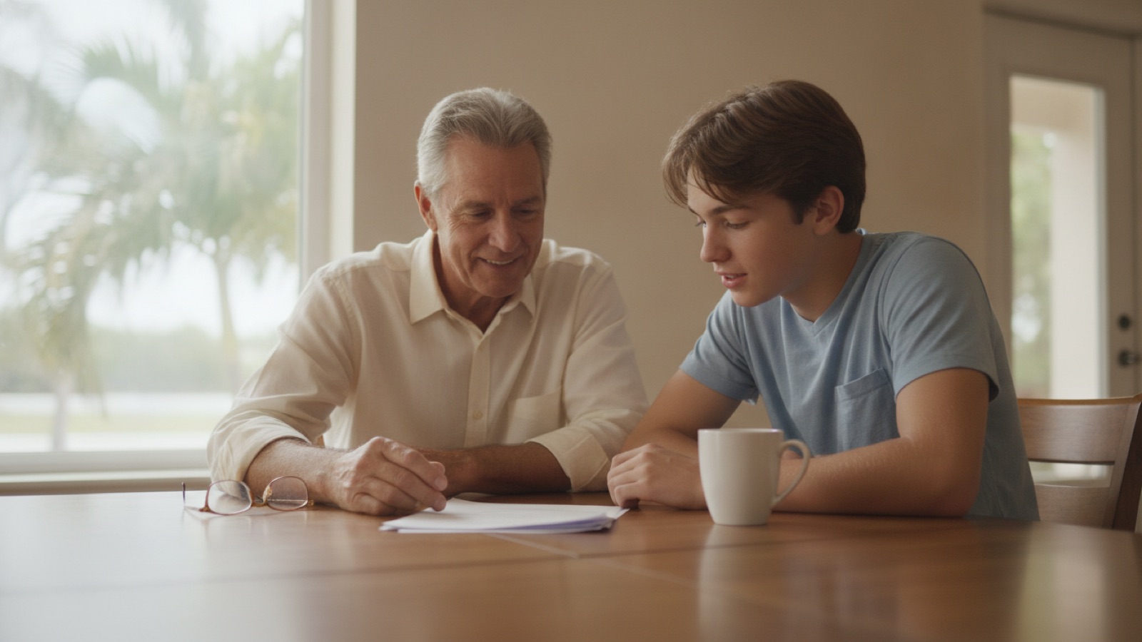 A grandfather and his teenage grandson sitting side by side at a dining table, looking over a small stack of paperwork in morning light
