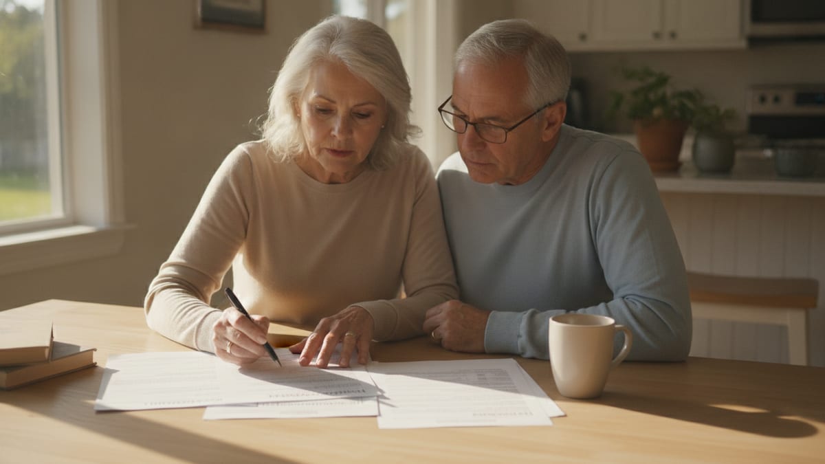An older couple at a kitchen table reviewing an annuity contract and its surrender schedule