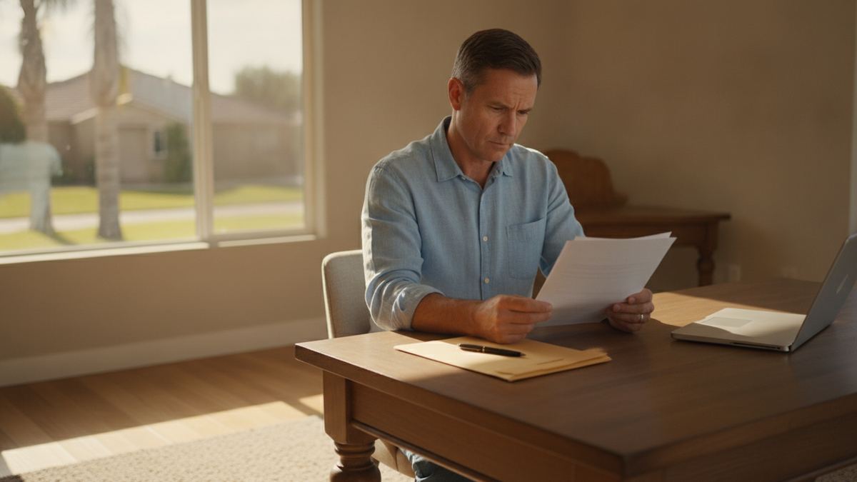 A man reading printed account statements at a wooden table in a sunlit Florida home office.