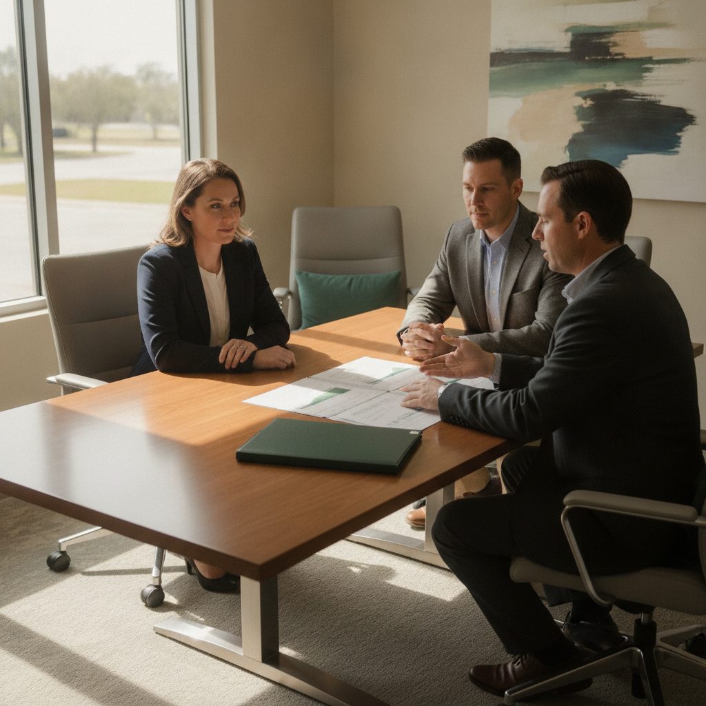 Couple and a licensed advisor reviewing papers in a Wesley Chapel conference room
