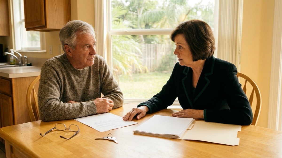 An older homeowner reviewing property documents with an independent financial planner at a kitchen table