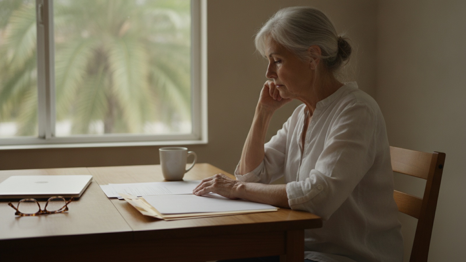 A woman in her seventies sitting alone at a kitchen table in morning light, chin resting on one hand, looking down at an open folder of paperwork beside a closed laptop