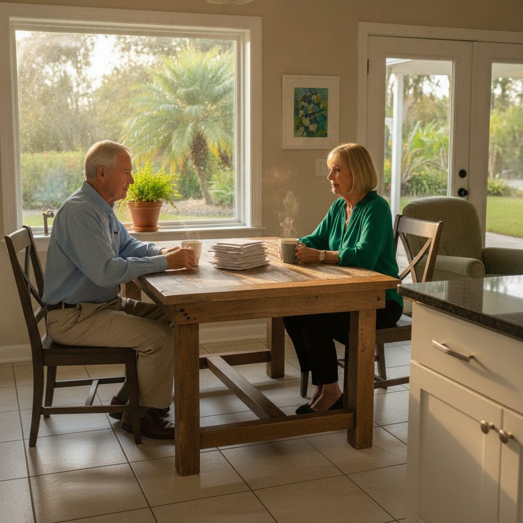 Older Zephyrhills couple at a kitchen table with unopened mail and coffee