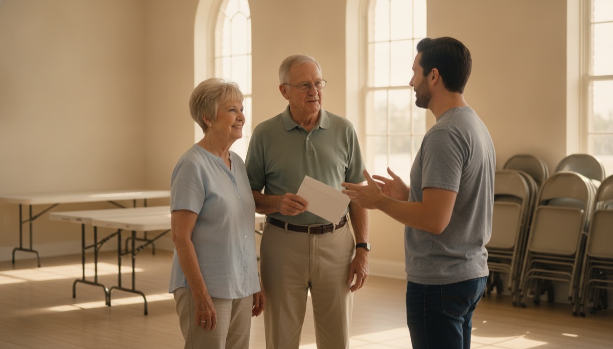 A retired couple standing with a volunteer organizer in a bright church hall, one of them holding a plain unmarked envelope