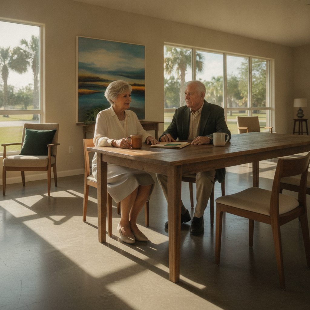 Older couple at a Zephyrhills dining table with coffee mugs and a closed folder