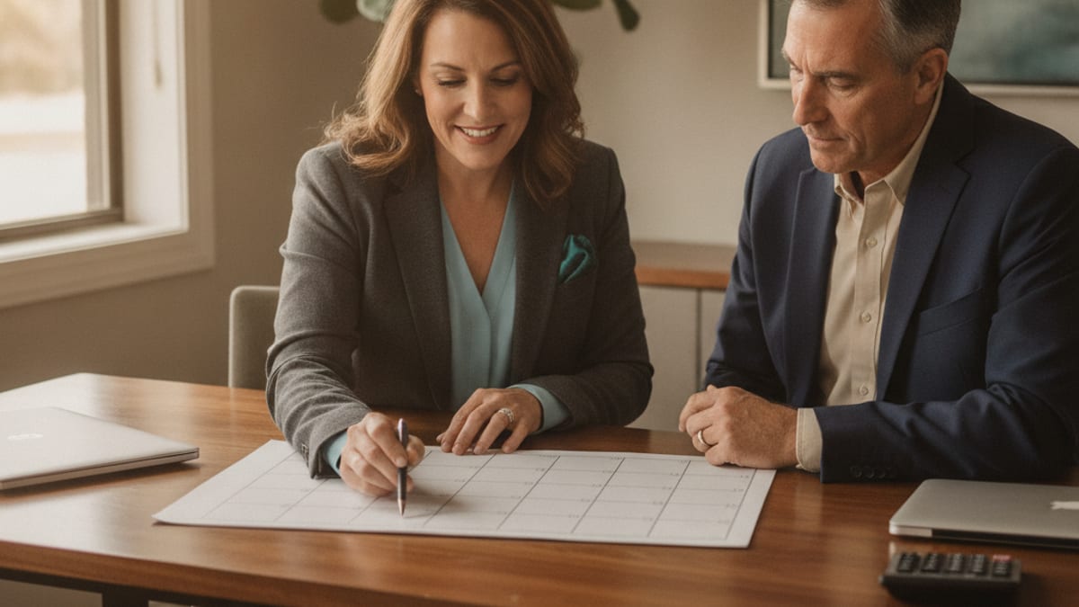 A financial planner and a client in his late fifties review a blank paper calendar together at a desk.