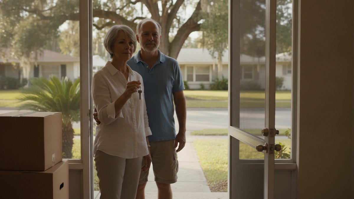 A couple in their early sixties standing in the entryway of a smaller single-story Florida home on moving day, moving boxes beside them