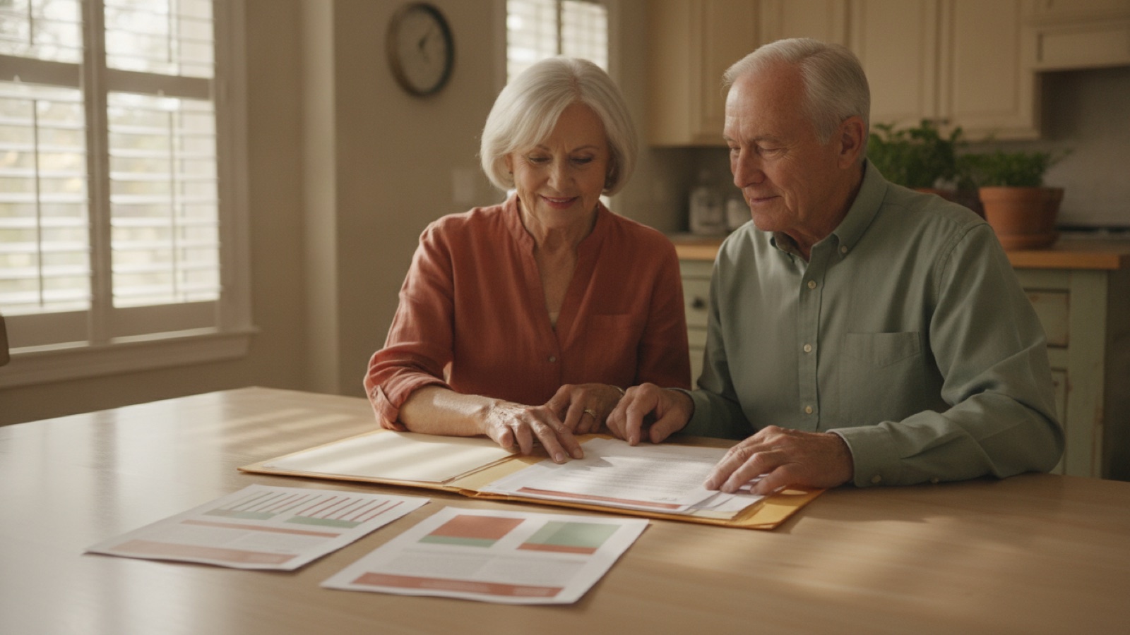 A retired couple sitting side by side at a kitchen table, going through an open folder of household paperwork in morning light