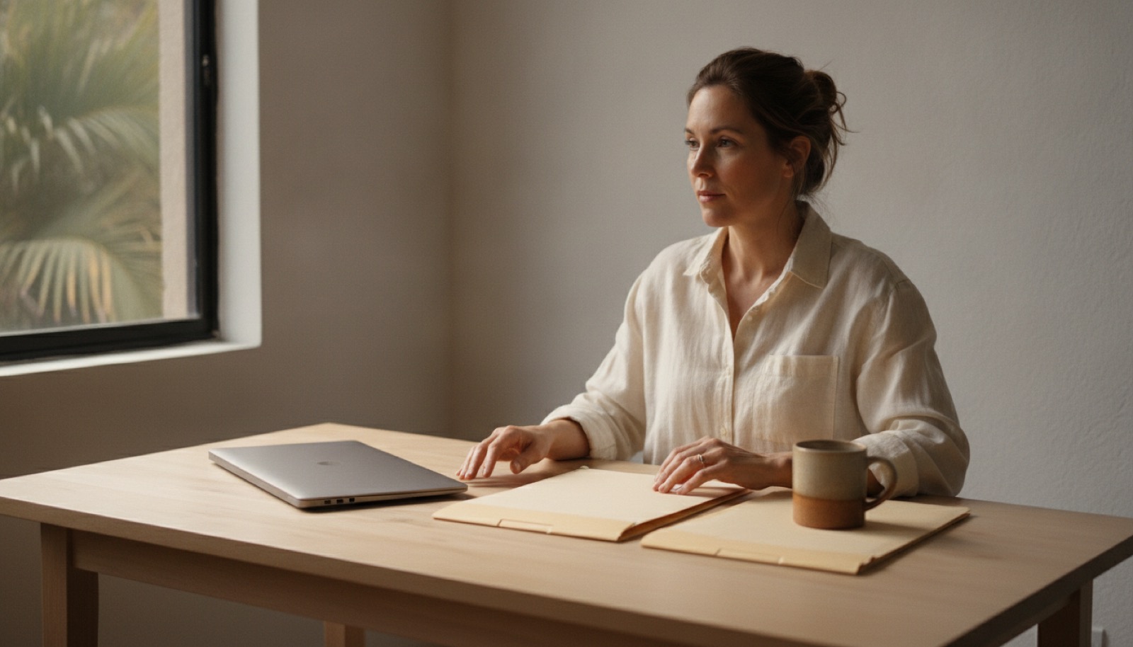 A woman sitting at a wooden desk with a closed laptop and two plain folders, beside a window with palm foliage outside.