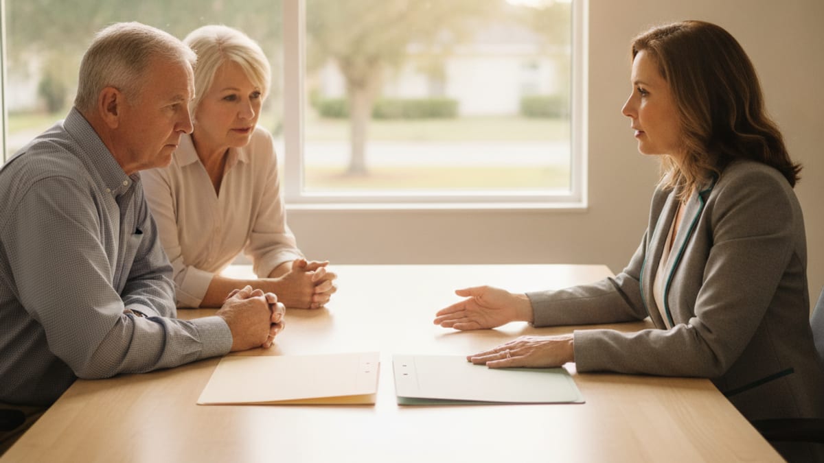 A financial planner sits with an older couple at a desk, presenting two separate blank document folders side by side.