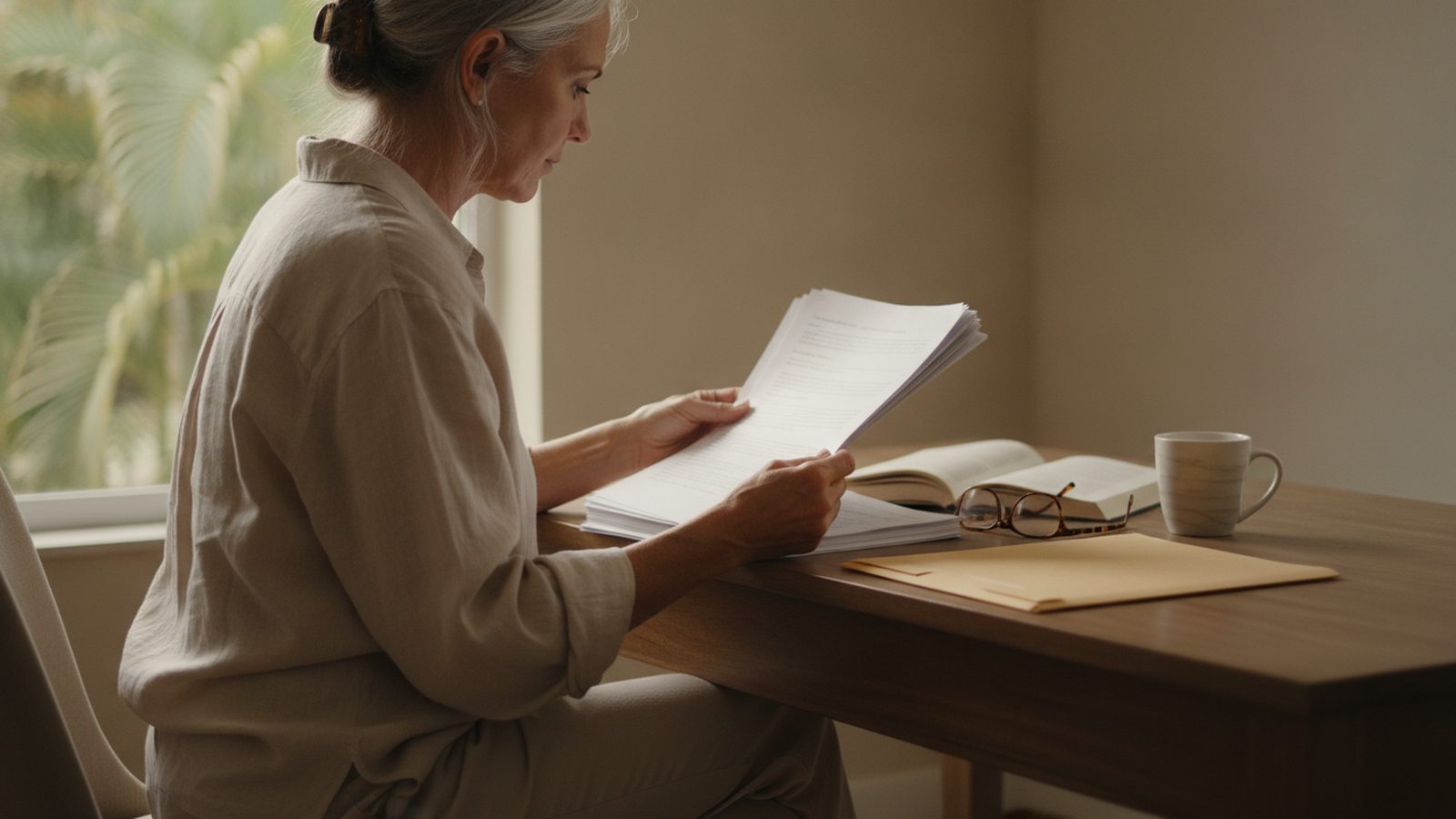 A woman reading a thick stack of printed retirement paperwork at a desk in a bright Florida home office, with reading glasses and a manila folder on the desk